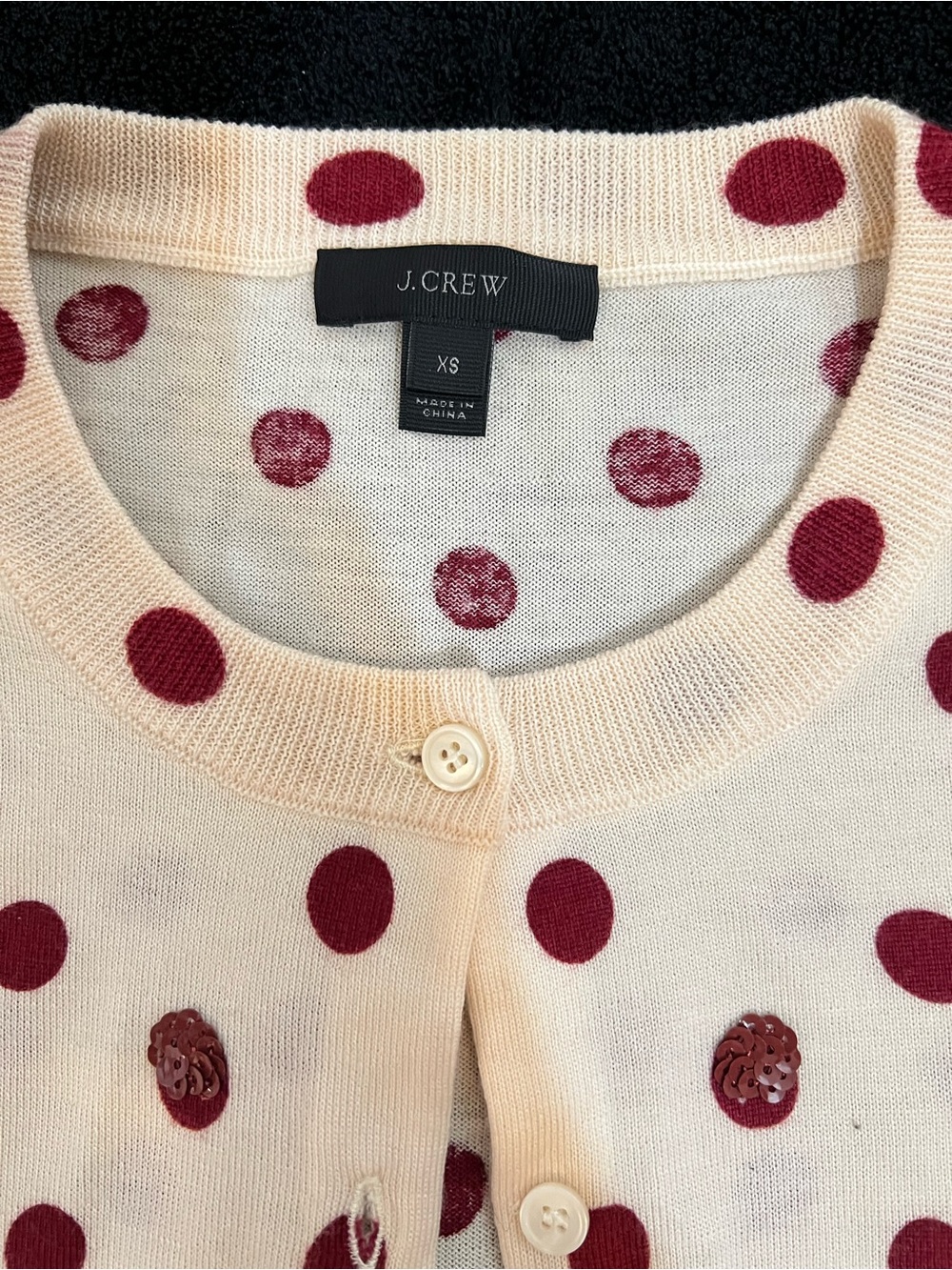 J. Crew Cream Cardigan with Burgundy Polka Dots